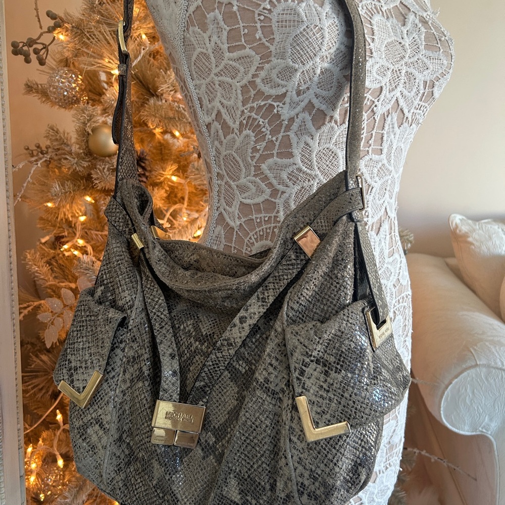 Michael Kors Gray and Black glossy python print Shoulder Bag